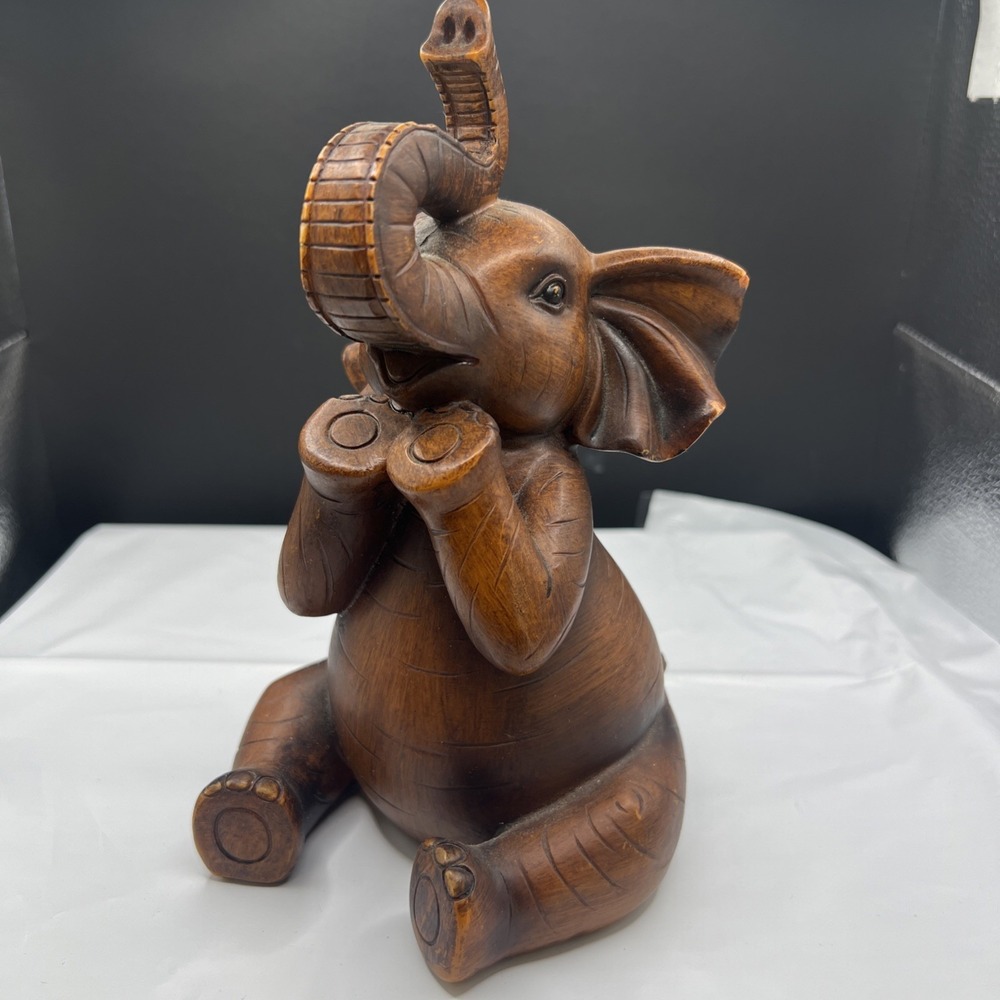 Vintage Wood-Look Resin‎ Sitting Baby Elephant Figurine, Trunk Up Luck Decor